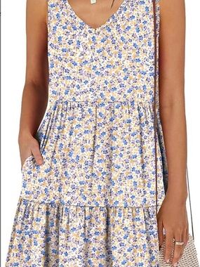 Women’s Floral Tiered Casual Dress in Yellow & Blue
